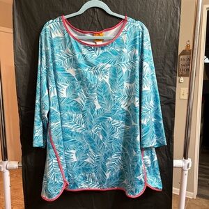 Ruby Rd. Blue Leaf Print 3X Women's Tunic Orange Piping Tropical Resort